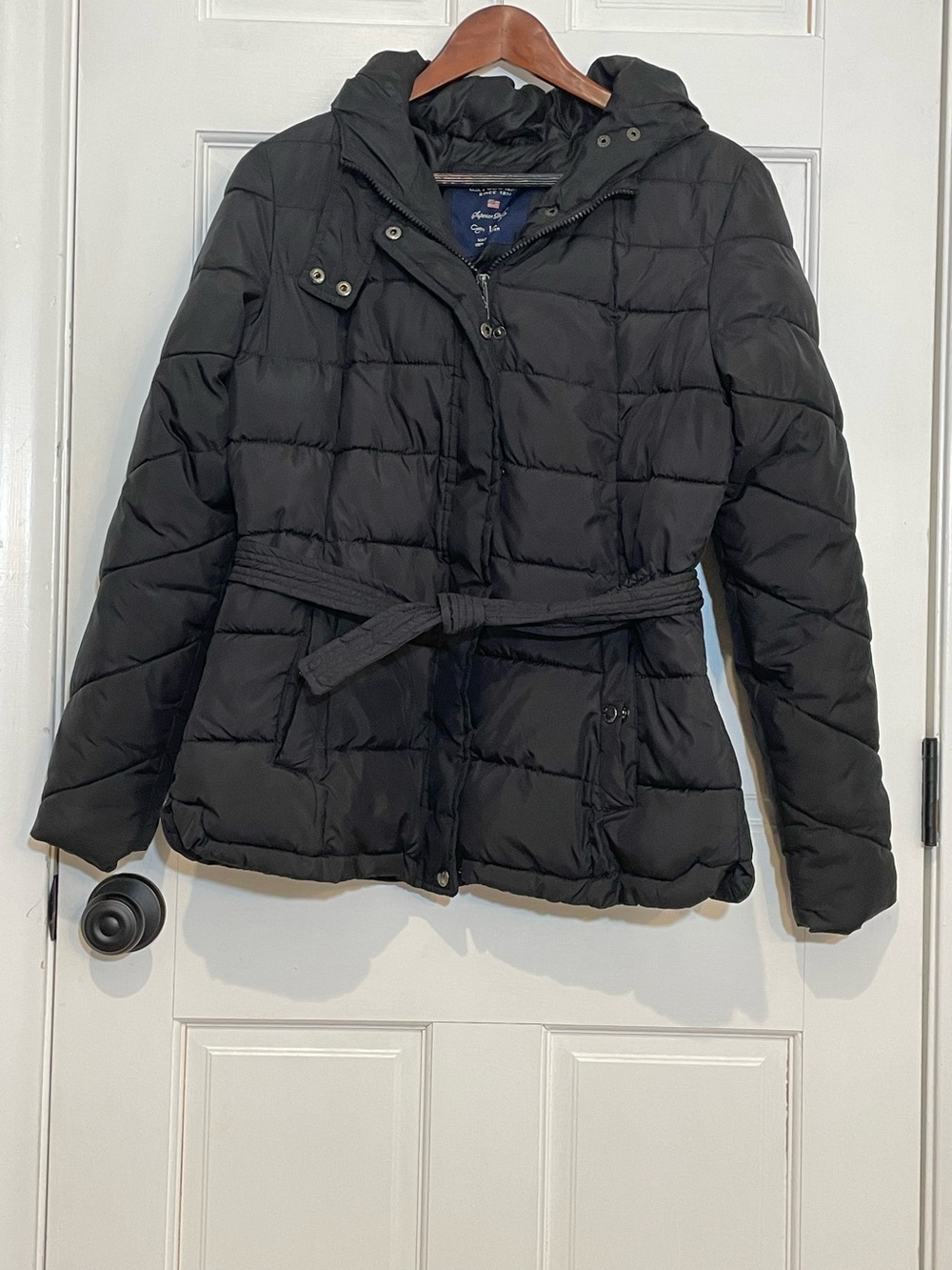 U.S. Polo Assn Womenās Large Black Puffer Jacket Hooded Belted Winter Coat